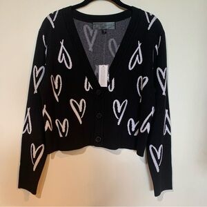 HFR NWT XS Black and White Heart Pattern Ling Sleeve Front Button Sweater